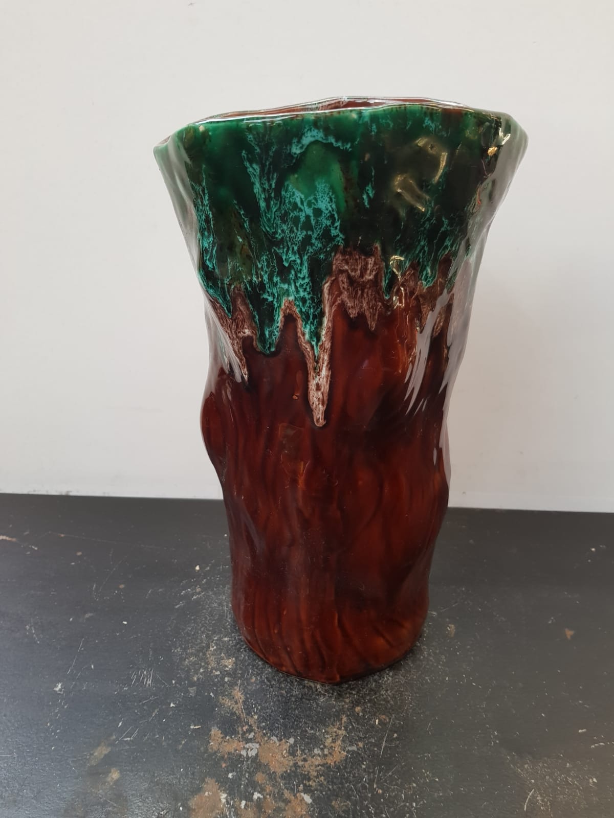 Old Ceramic Vase Form Trunk Brown Green Drips Vintage