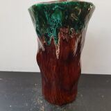 Vase céramique forme tronc marron coulures vertes vintage