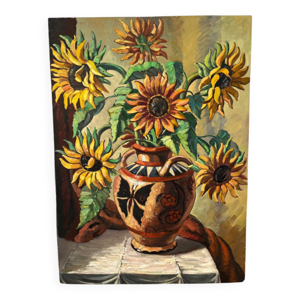 Les tournesols, technique au couteau sur panneau