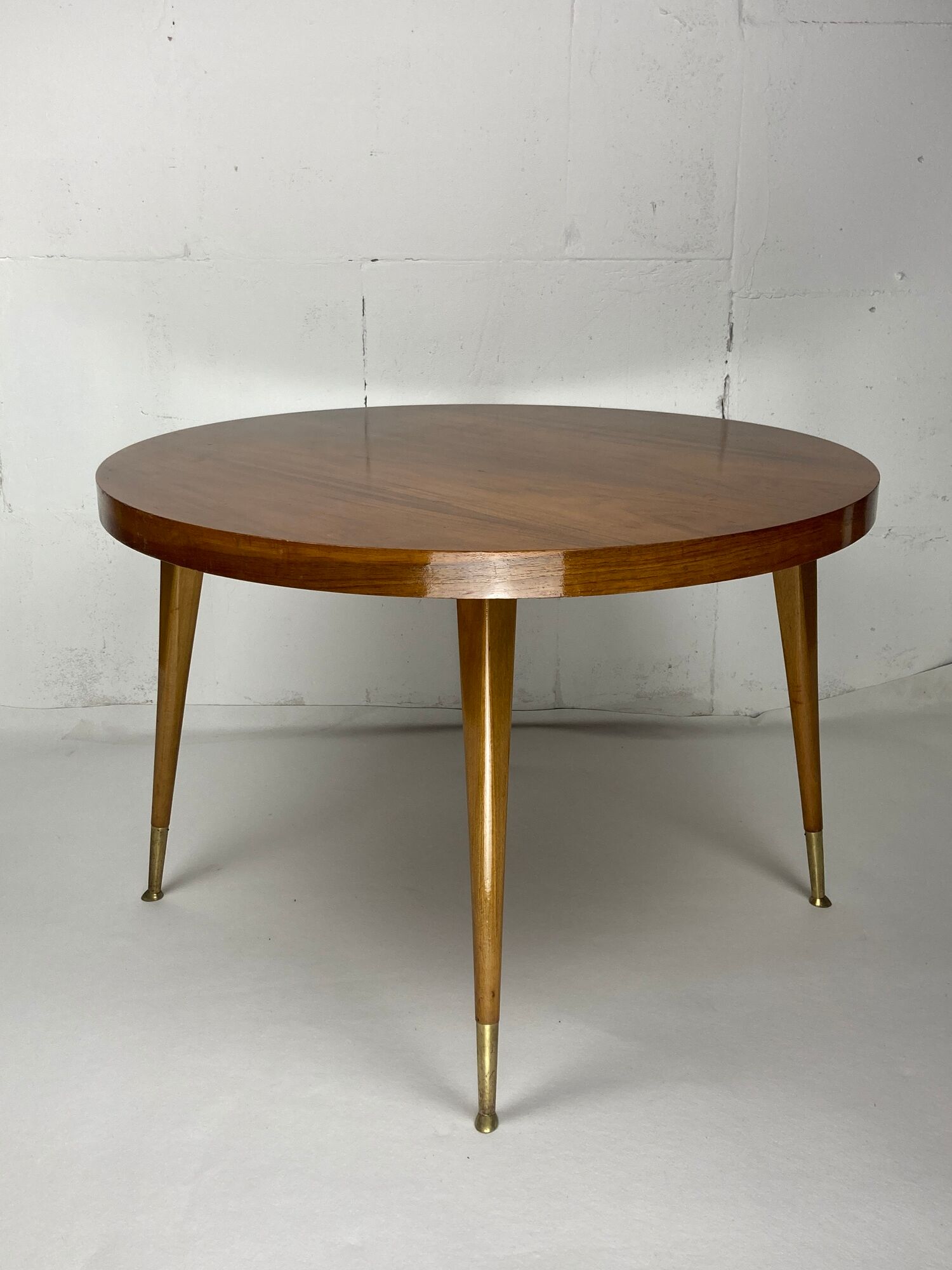 Italian round table with tapered brass leg ends, 1950s