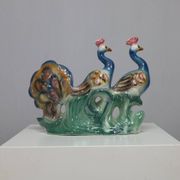 Italian Ceramic Sculpture with two Peacocks, 1960s hand-painted