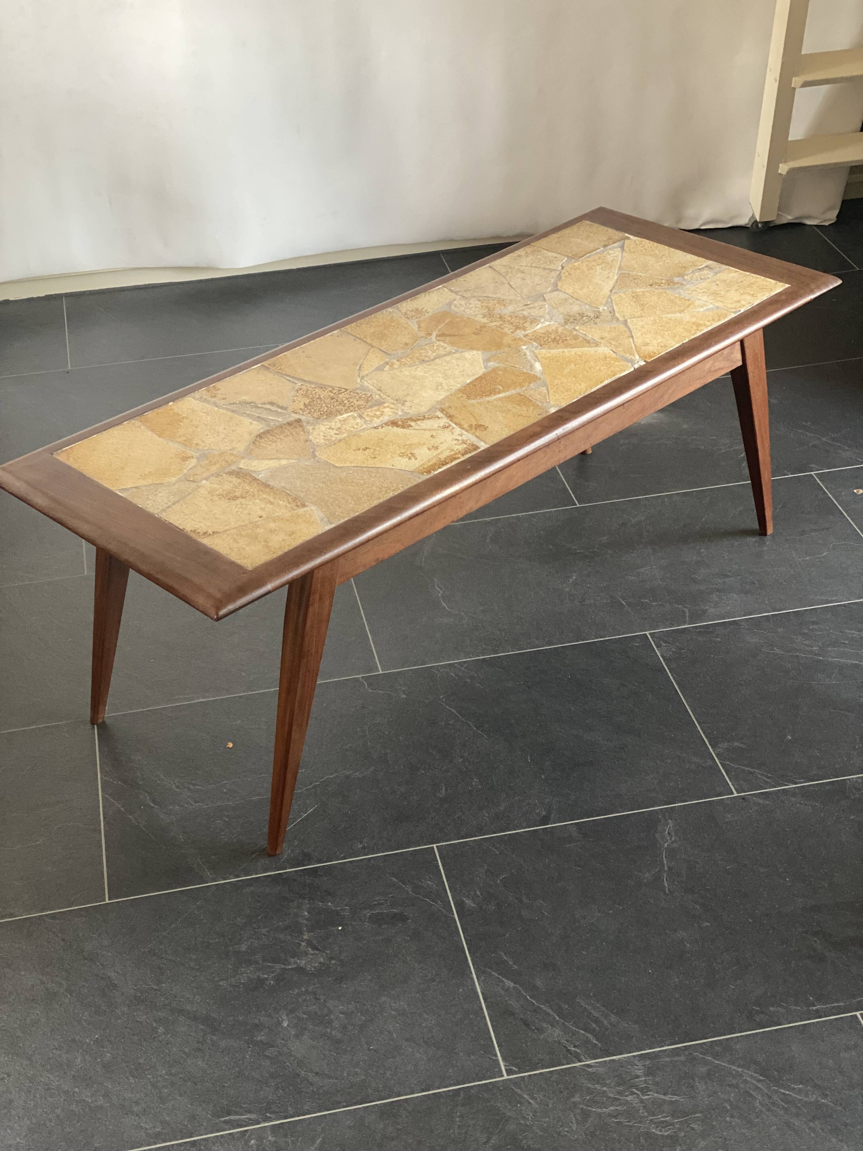 Vintage Brutalist Slate Top Salon Table