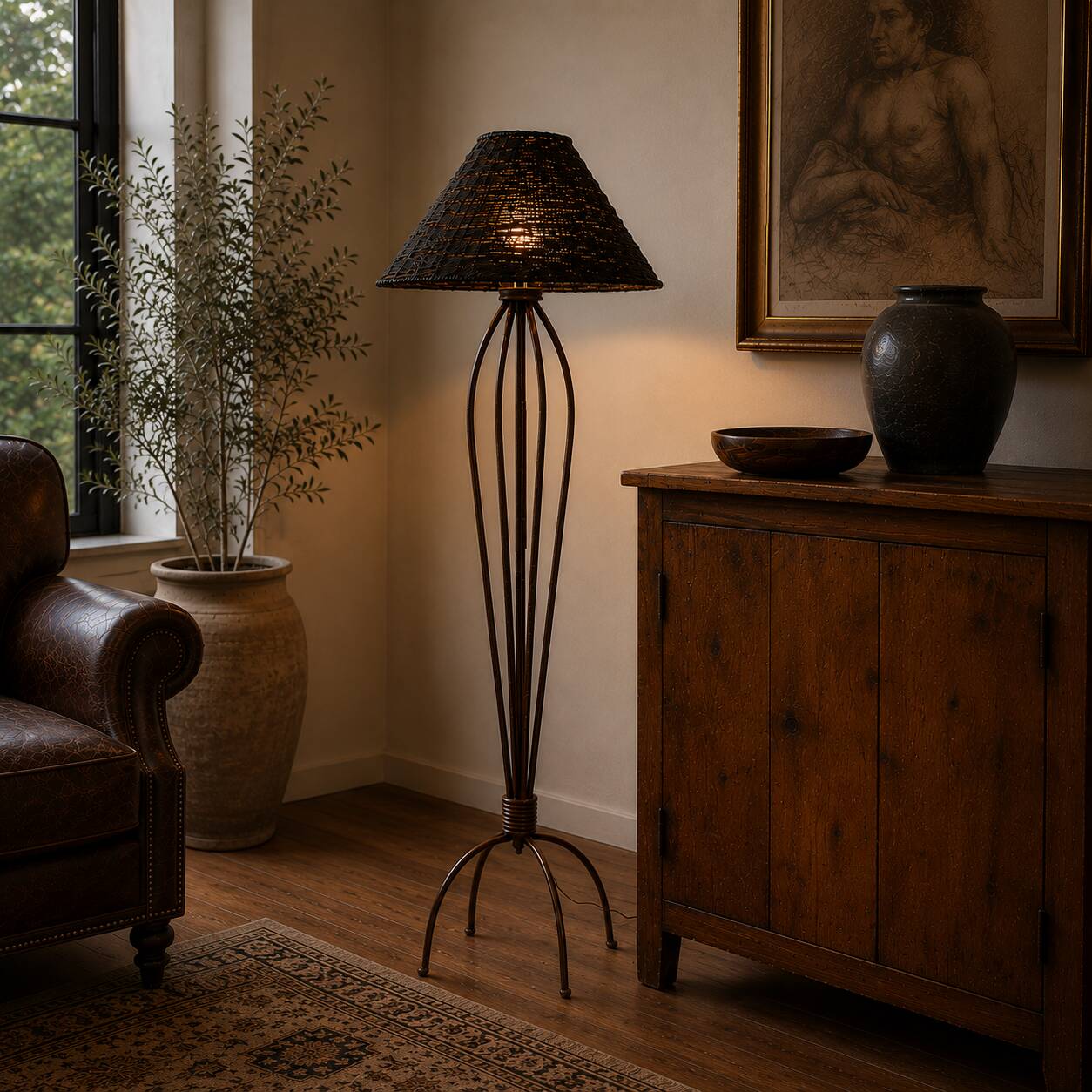 Lampe de sol en fer avec abat-jour en bambou tissé à la main, 1990-2000.
