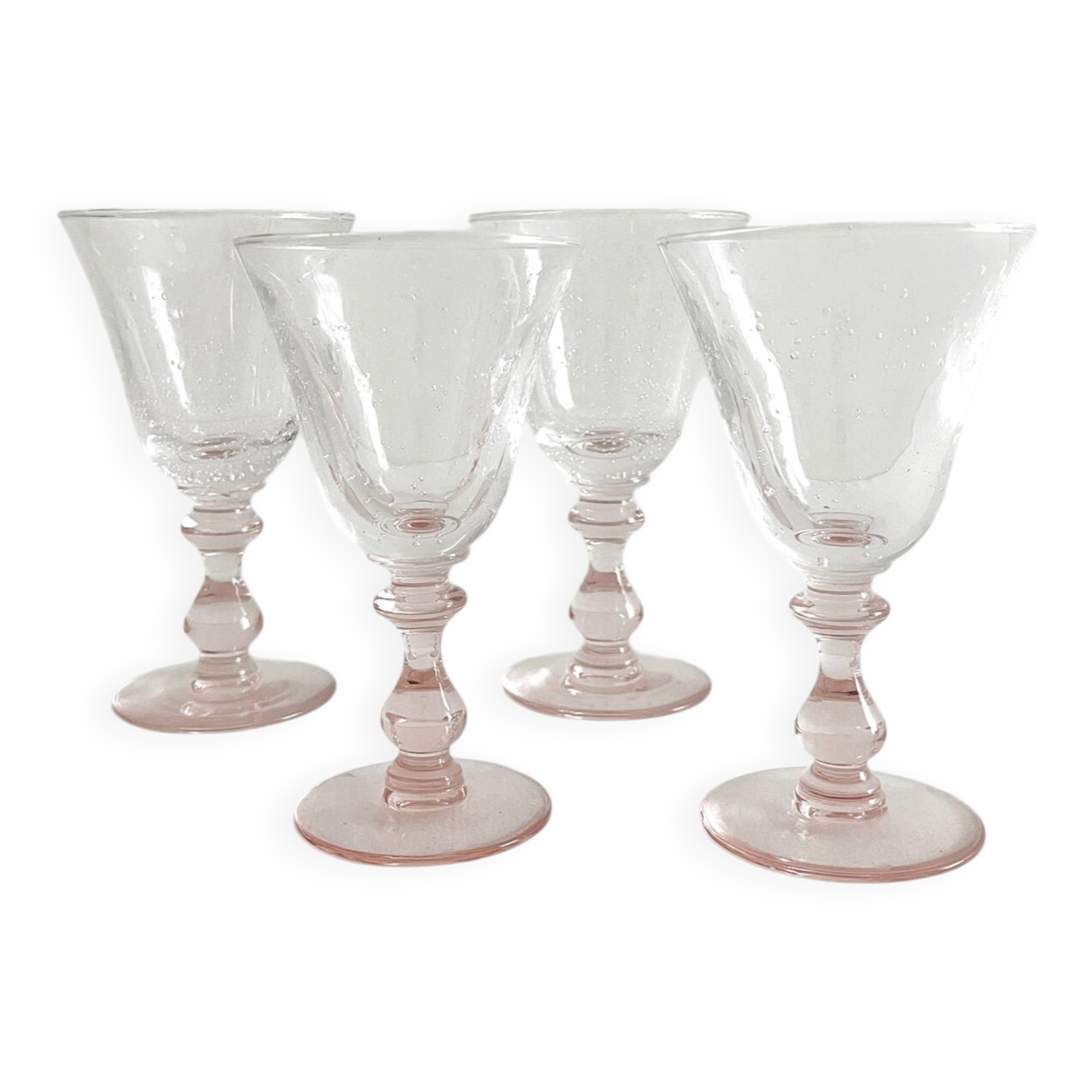 4 verres à vin pied rose en verre bullé vintage