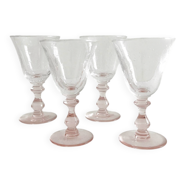 4 verres à vin pied rose en verre bullé vintage