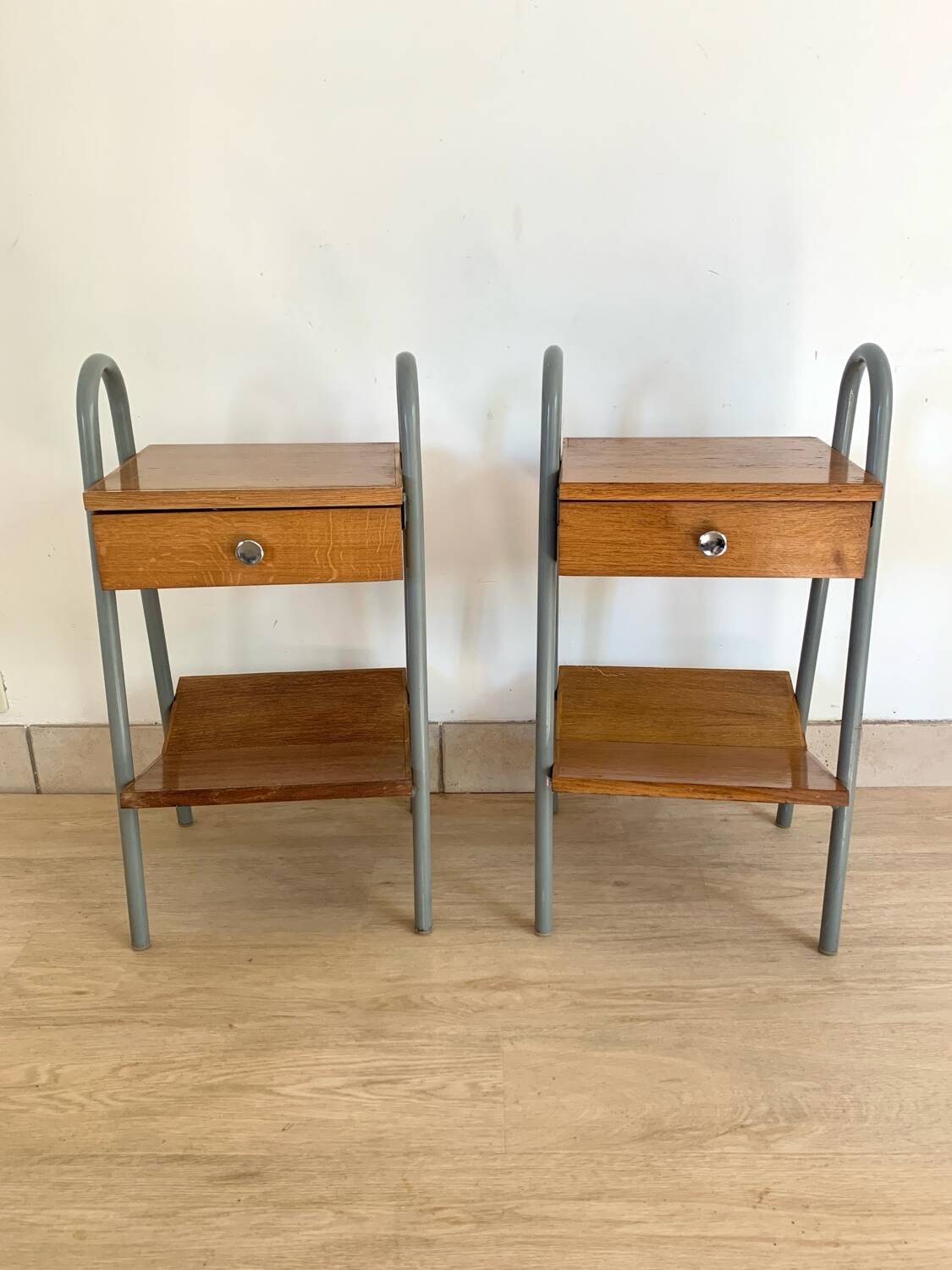 Pair of vintage boarding school bedside tables