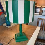 Pair of wooden bedside lamps with striped lampshades