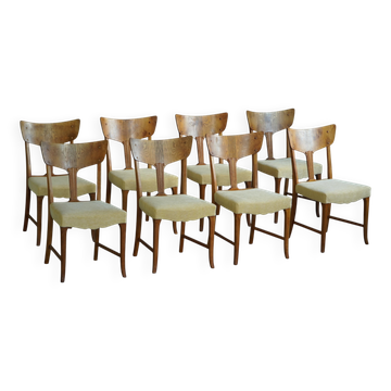 Début du XXe siècle, lot de 8 chaises de salle à manger danoises de style Art nouveau, en loupe et velours