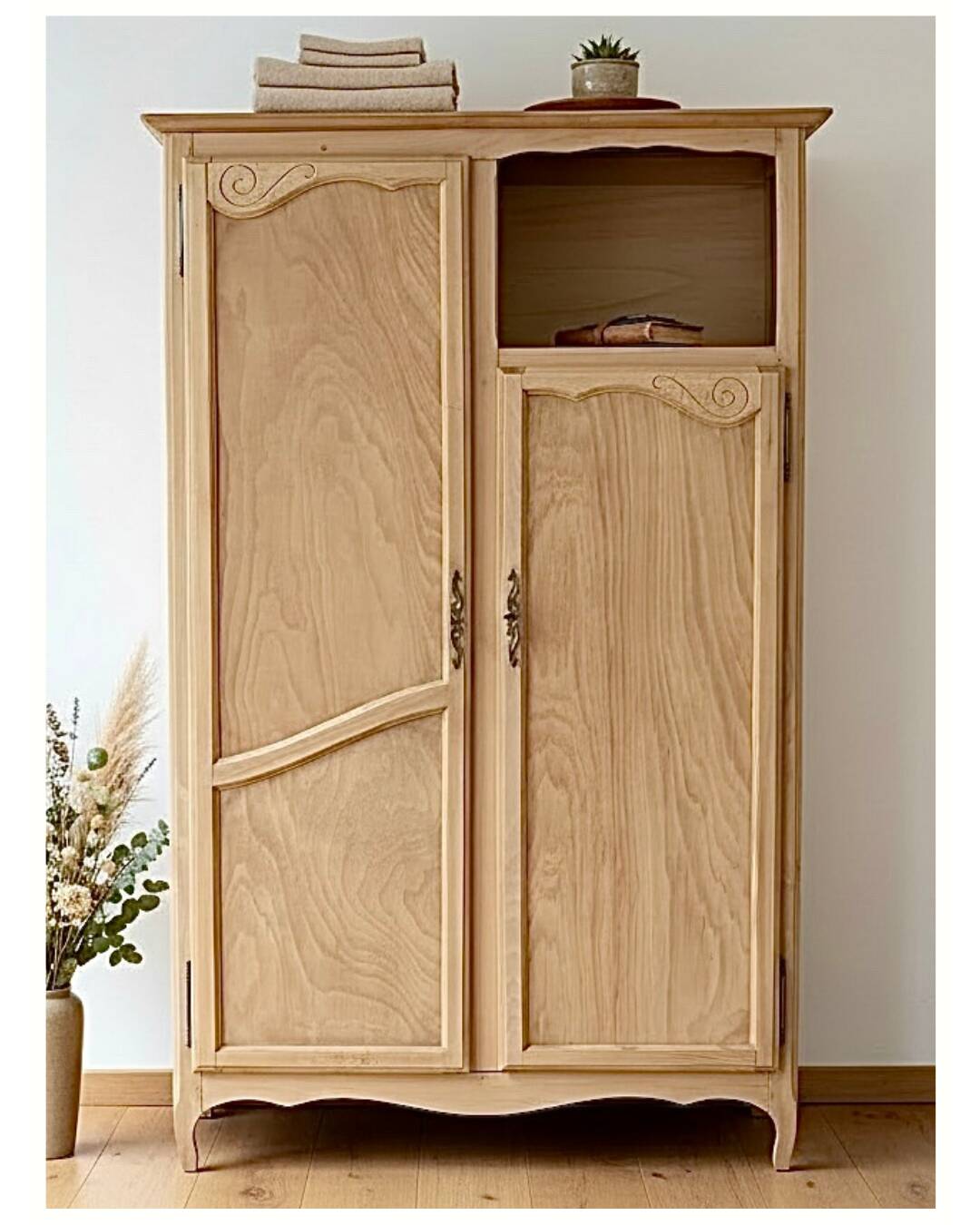 Renovated antique wardrobe – natural wood & sage green interior