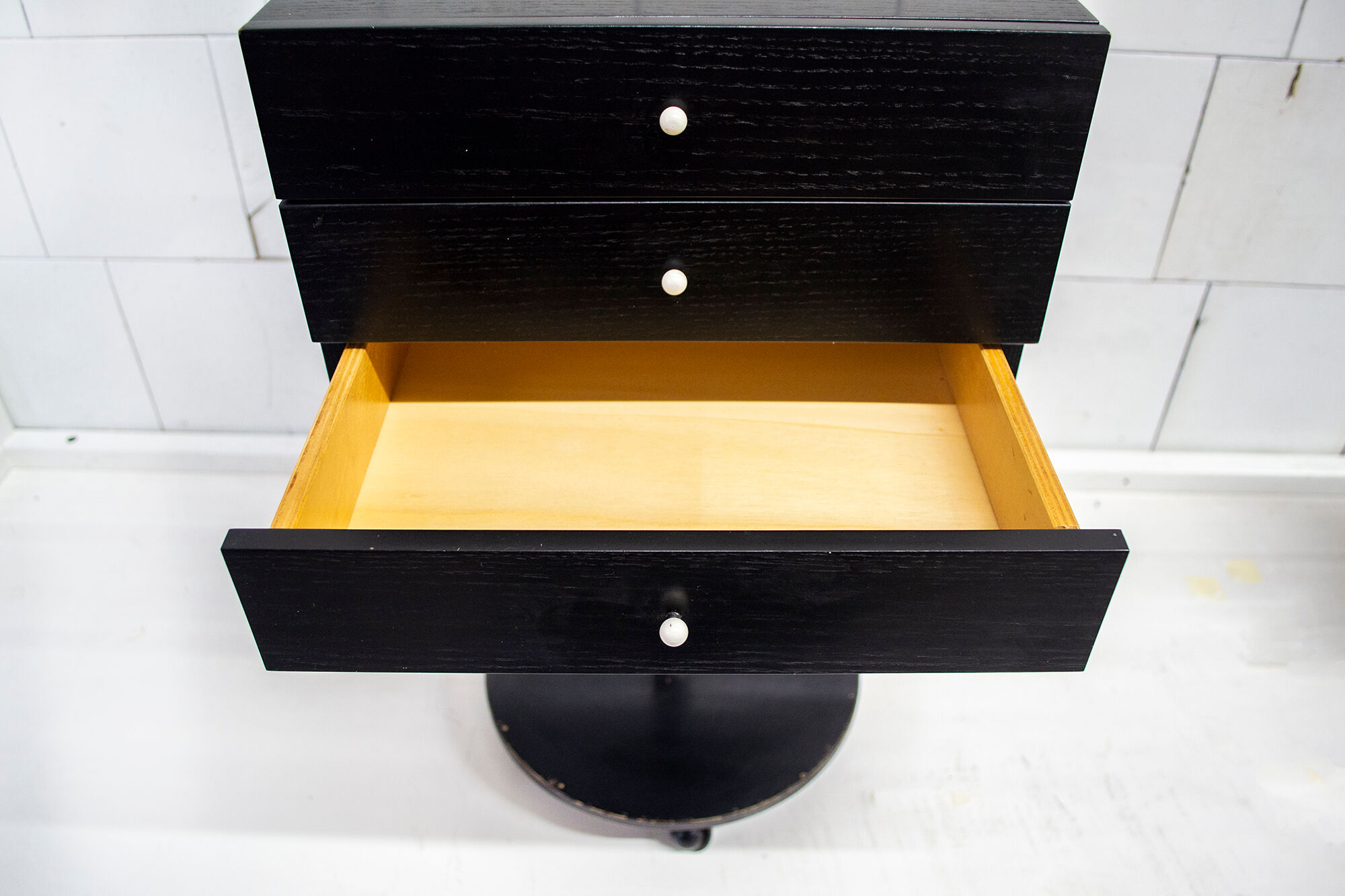 Bedside table shapes in wood and painted iron, marble details, 80s