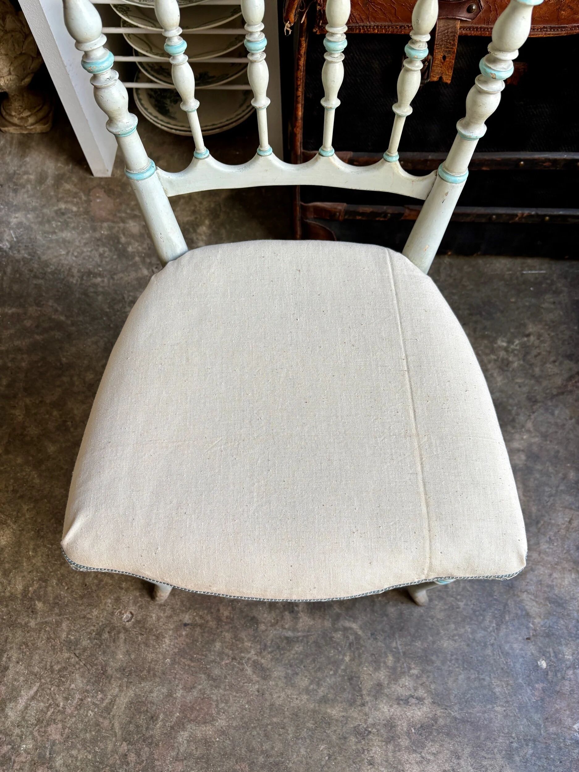 Napoleon III chair in blue painted wood and beige mixed fabric.