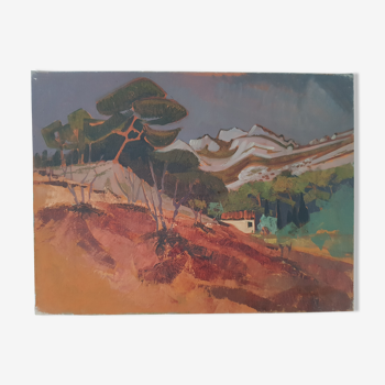 Paysage de Provence au cabanon, huile sur toile, signée au dos