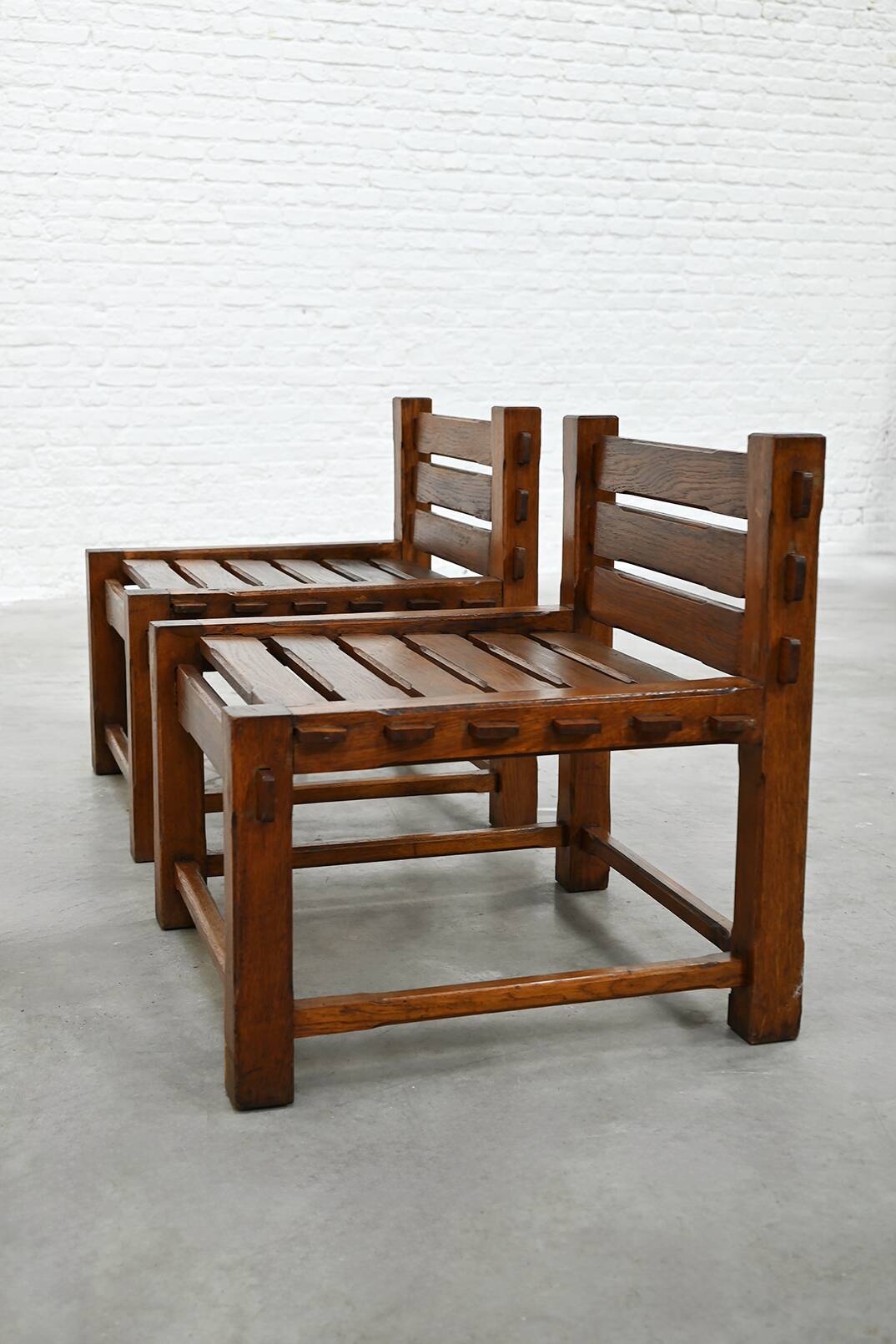 Pair of 1970s Brutalist Solid Oak Side Chairs