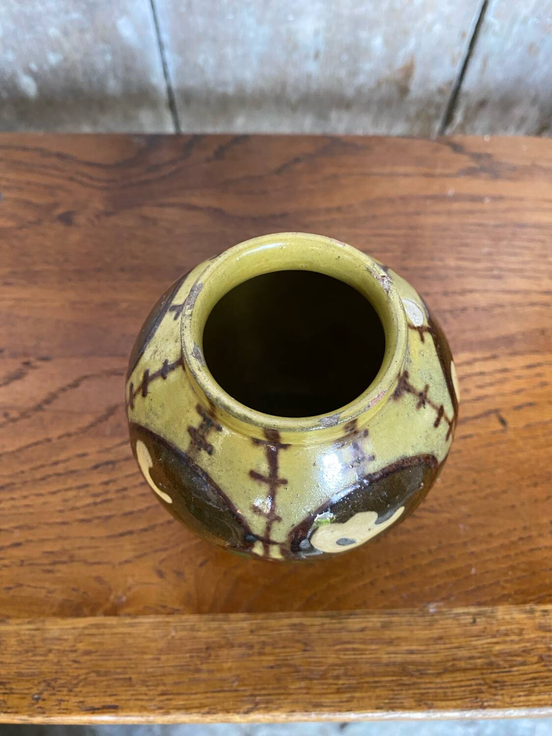 Antique yellow enameled terracotta vase painted decor made in france vintage