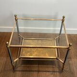 Pair of neoclassical side tables in steel and brass by Maison Jansen.