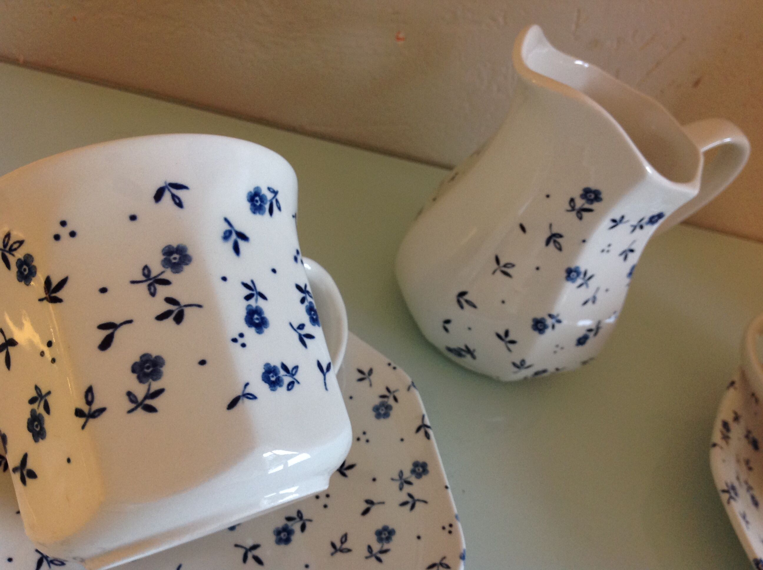 White ceramic tea set with blue flowers / vintage 70s