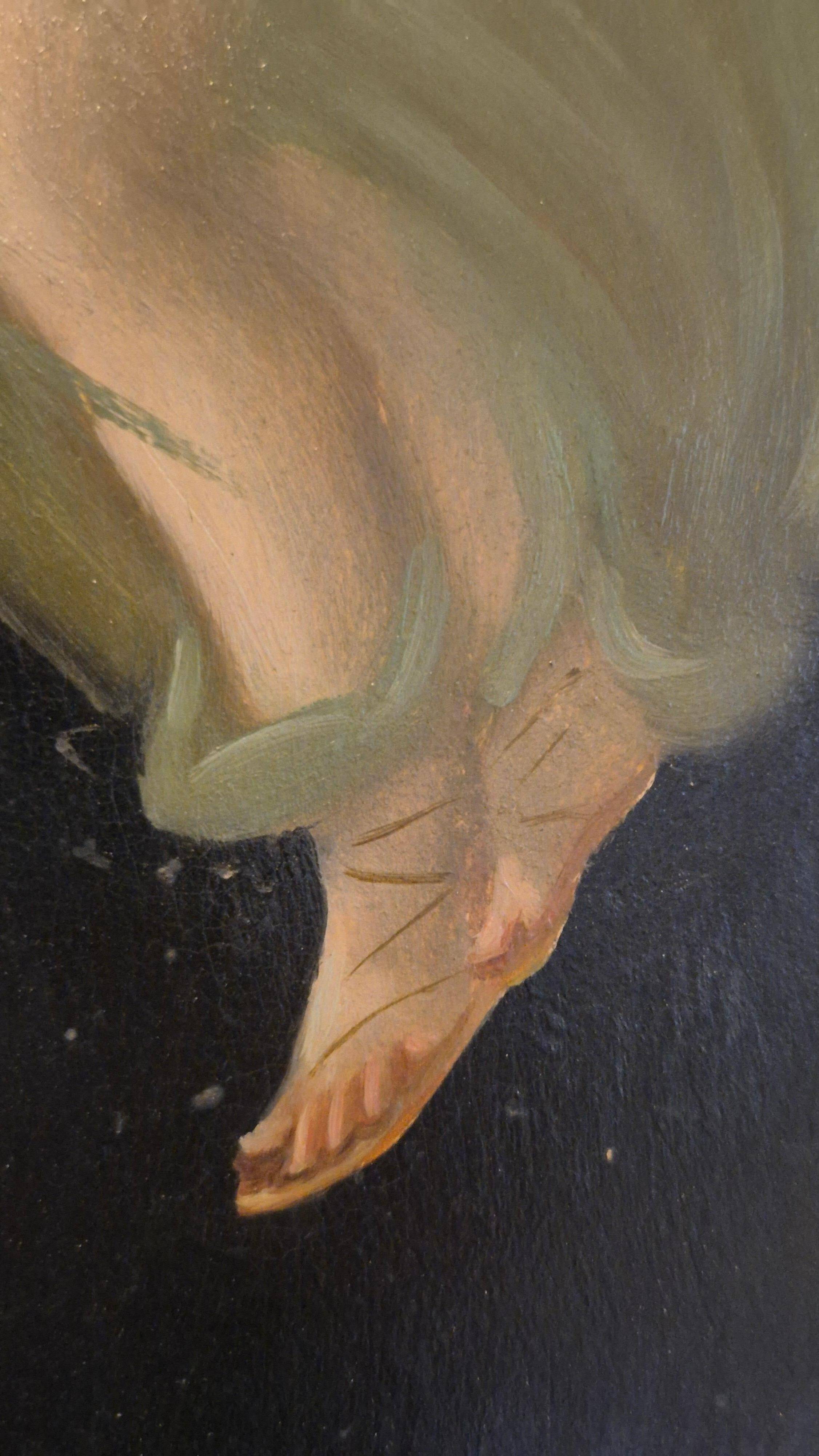 Pair of oil paintings in the neoclassical style depicting dancing nymphs dressed in transparent gowns, dating from the mid-19th century.