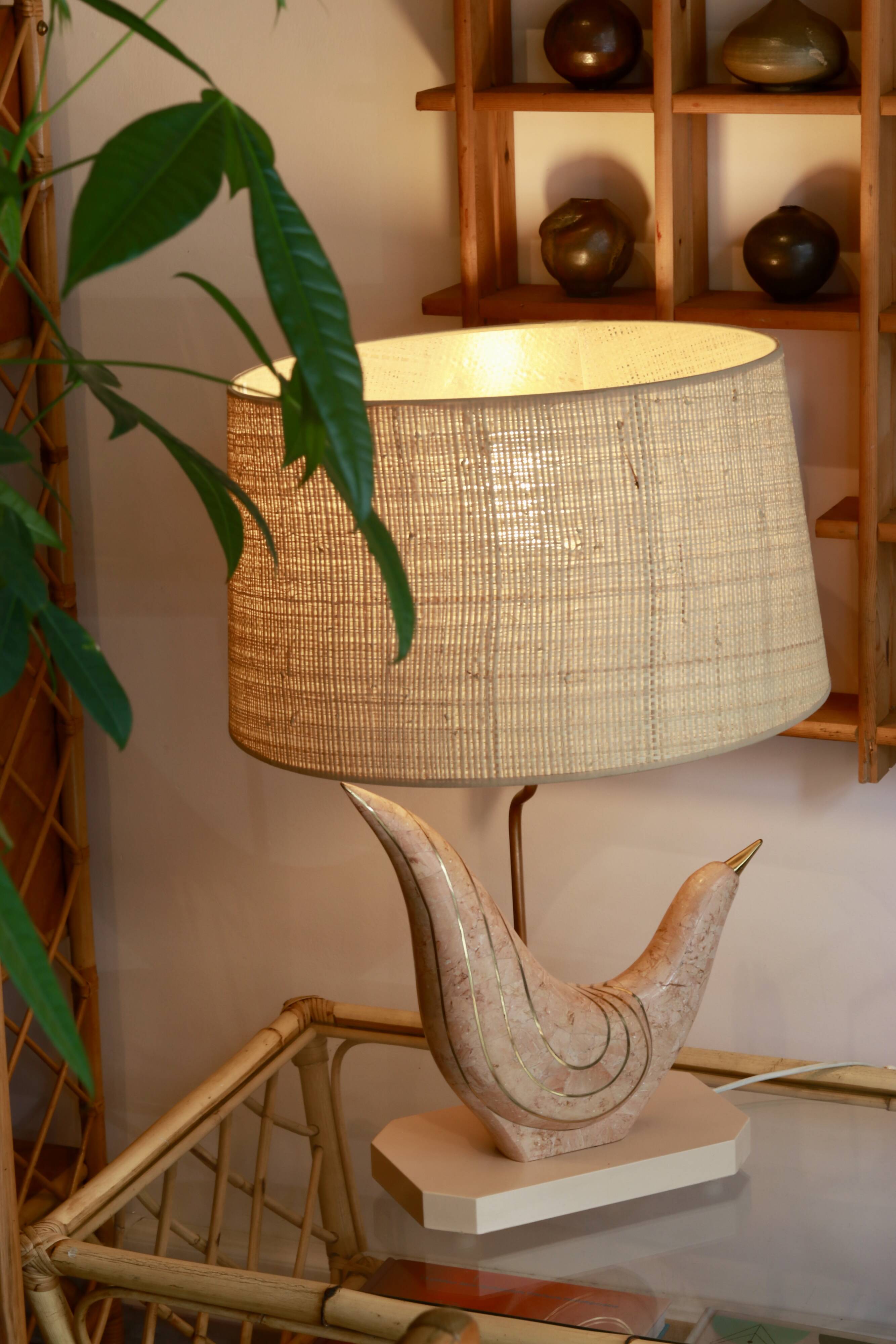 Pink tessellated stone and brass bird lamp from Maitland-Smith