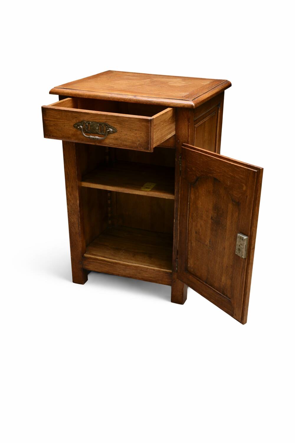 Small antique jam cupboard in solid oak, with one door and one drawer.