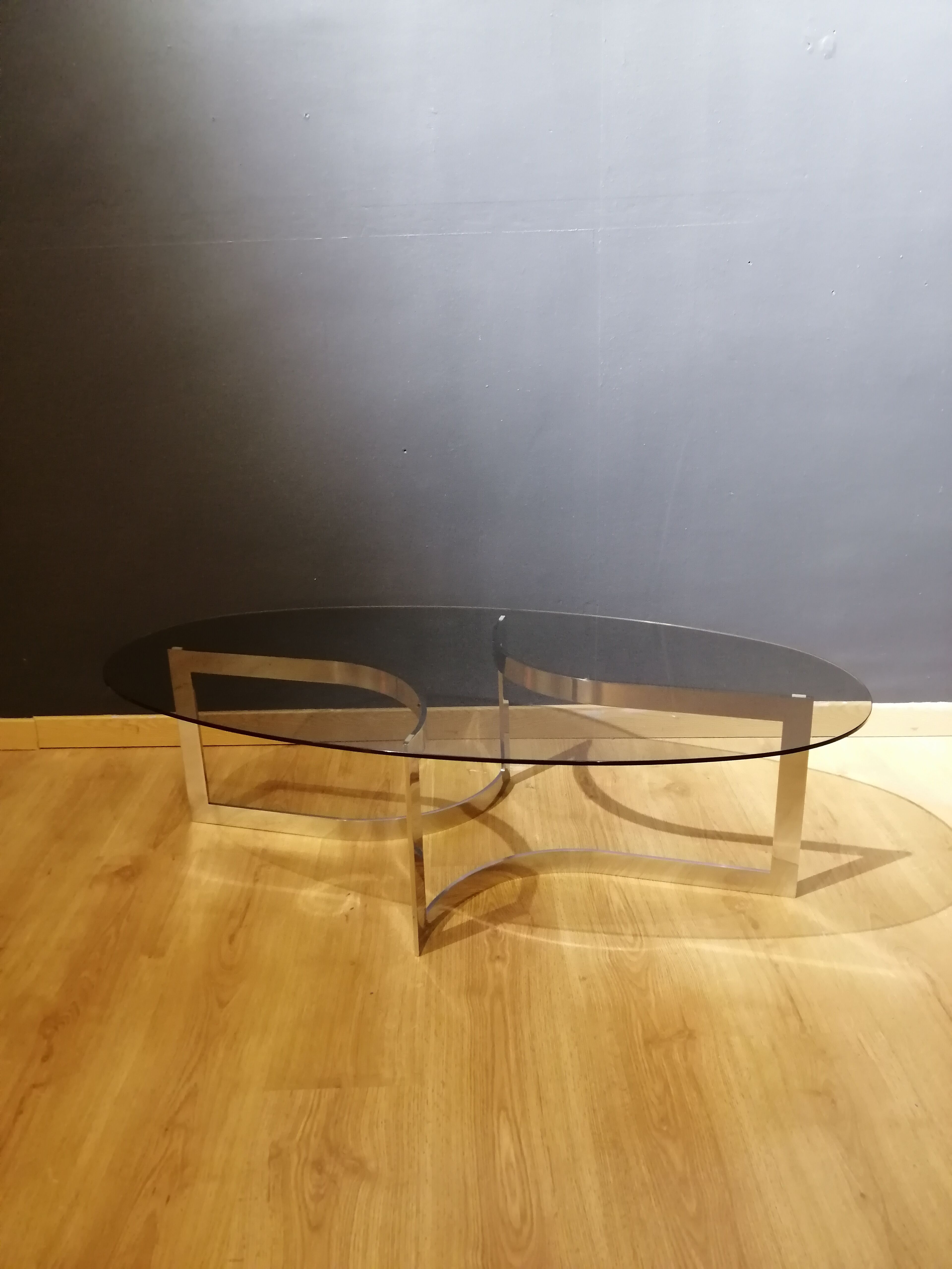 Coffee table in smoked glass and chrome by designer Paul Legeard, 70s