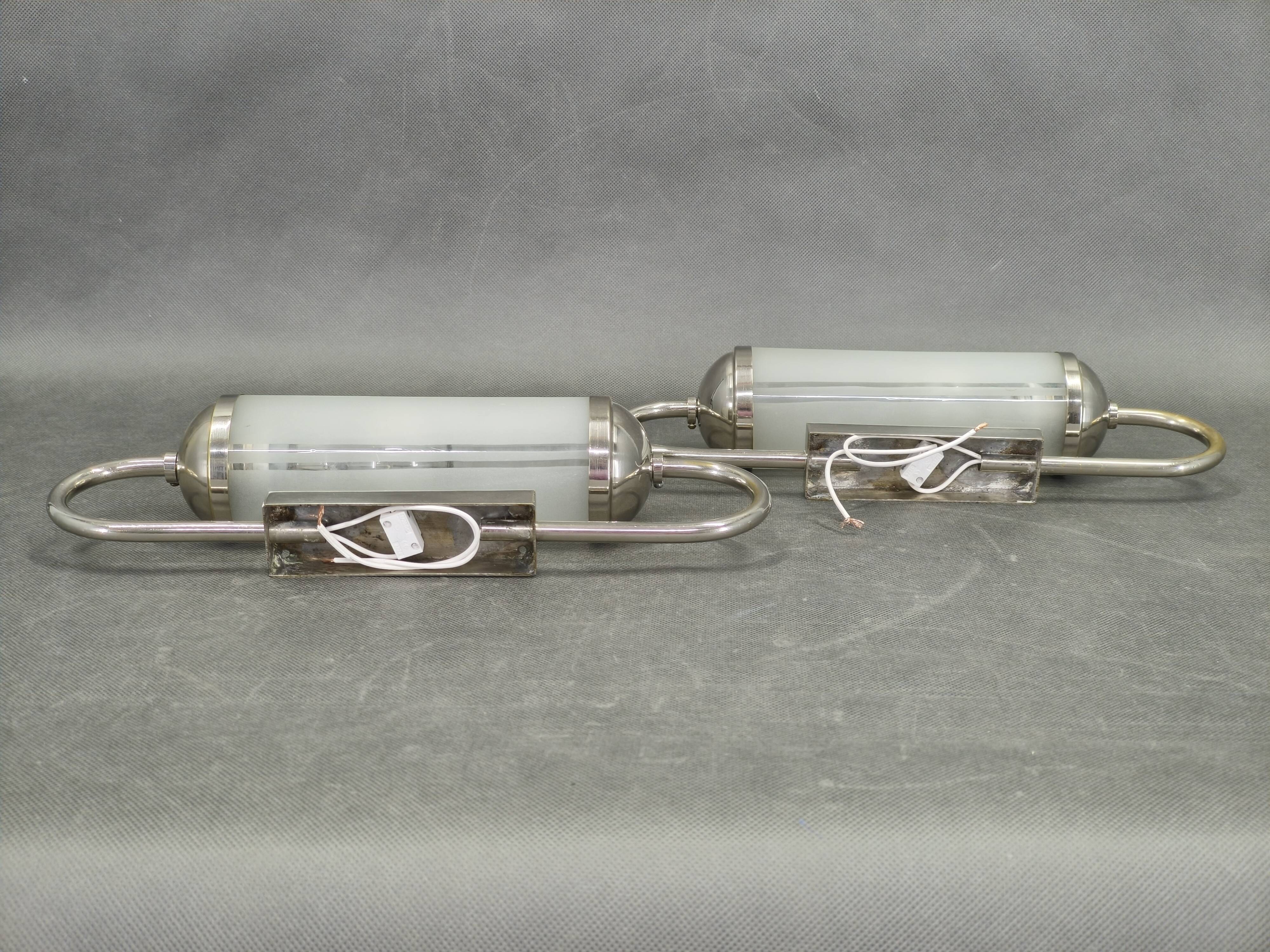 Pair of Art Deco Nickel and Glass Wall Lights, 1930s