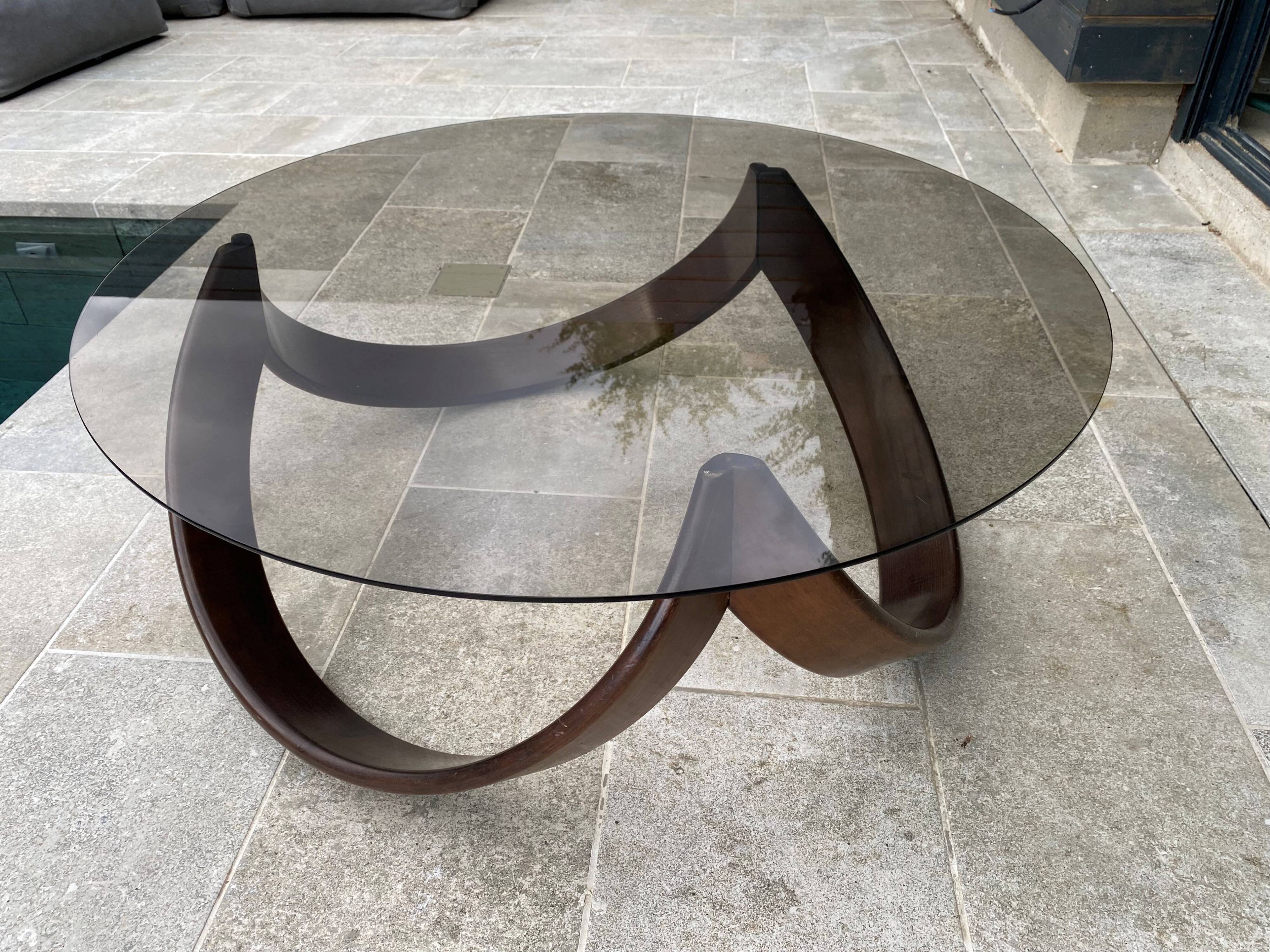 Vintage 1970s organic wood glass round coffee table