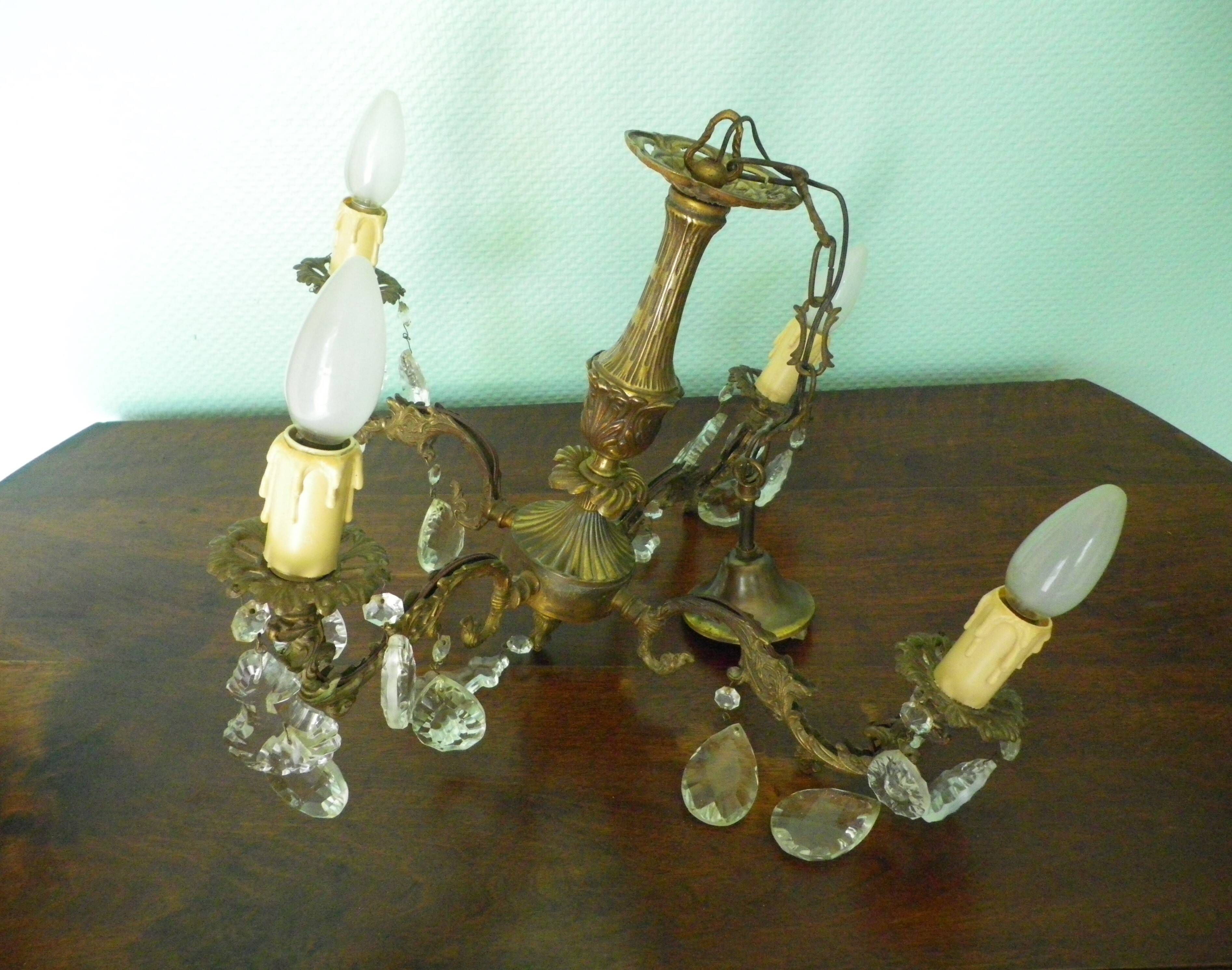 Rococo chandelier with crystal pendants, 4 lights, brass and metal 1950/1960