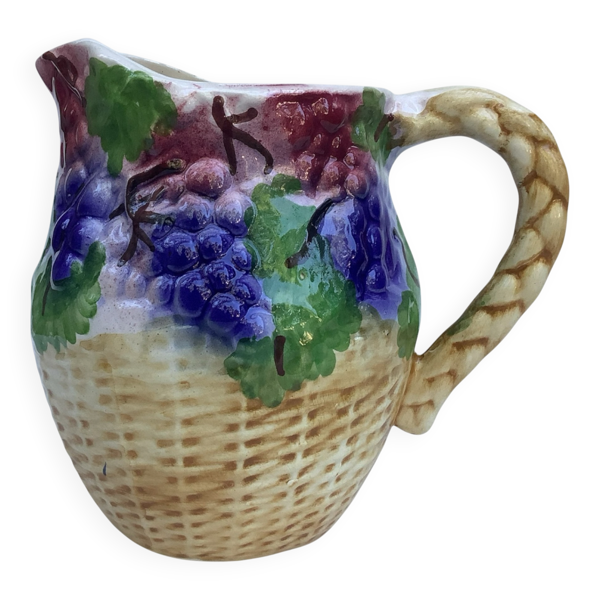 Vintage Portuguese ceramic pichet, barbotine, vine decoration and