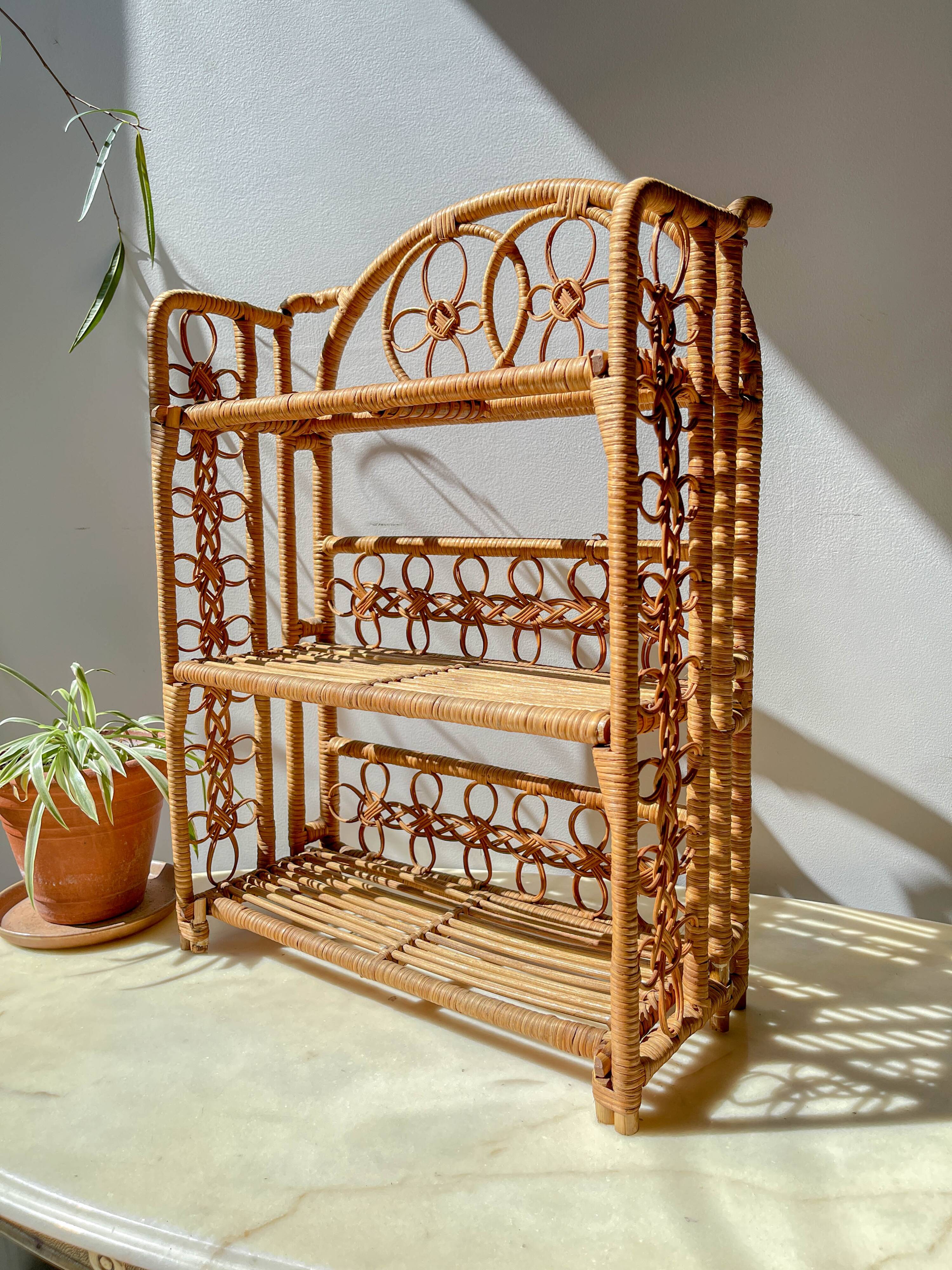Vintage 1950s rattan folding shelf