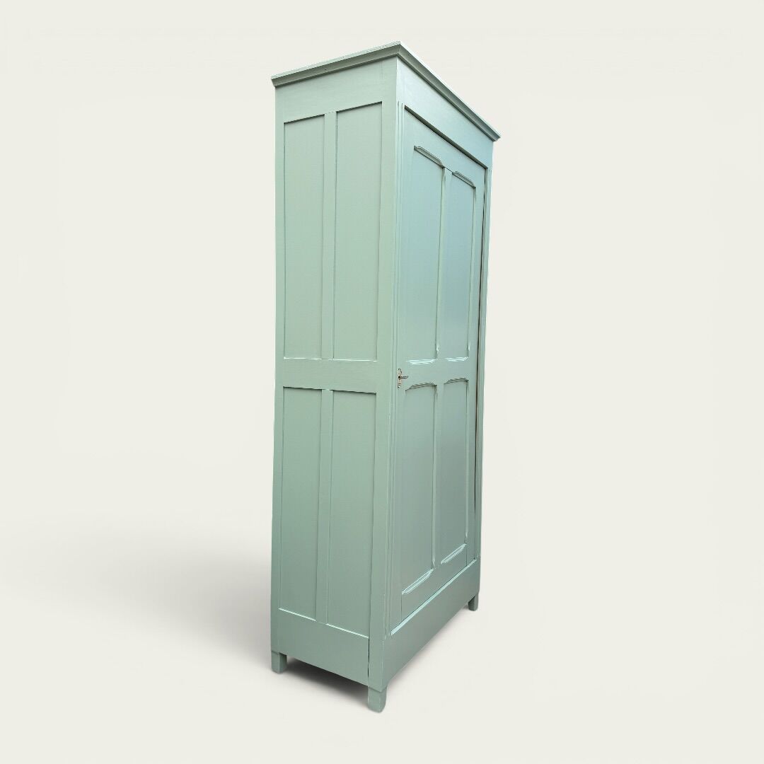 Antique Parisian wardrobe in grey-green solid pine.