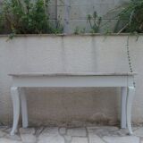 Console with a weathered grey cotton base, top in bleached walnut.