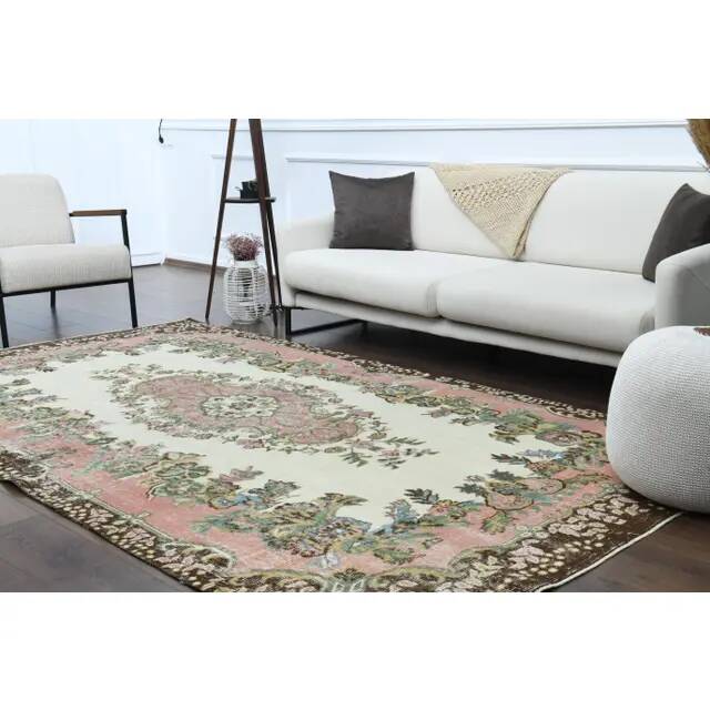 1970s Vintage Turkish Oushak Handmade Wool Cotton Beige Area Rug 179x311