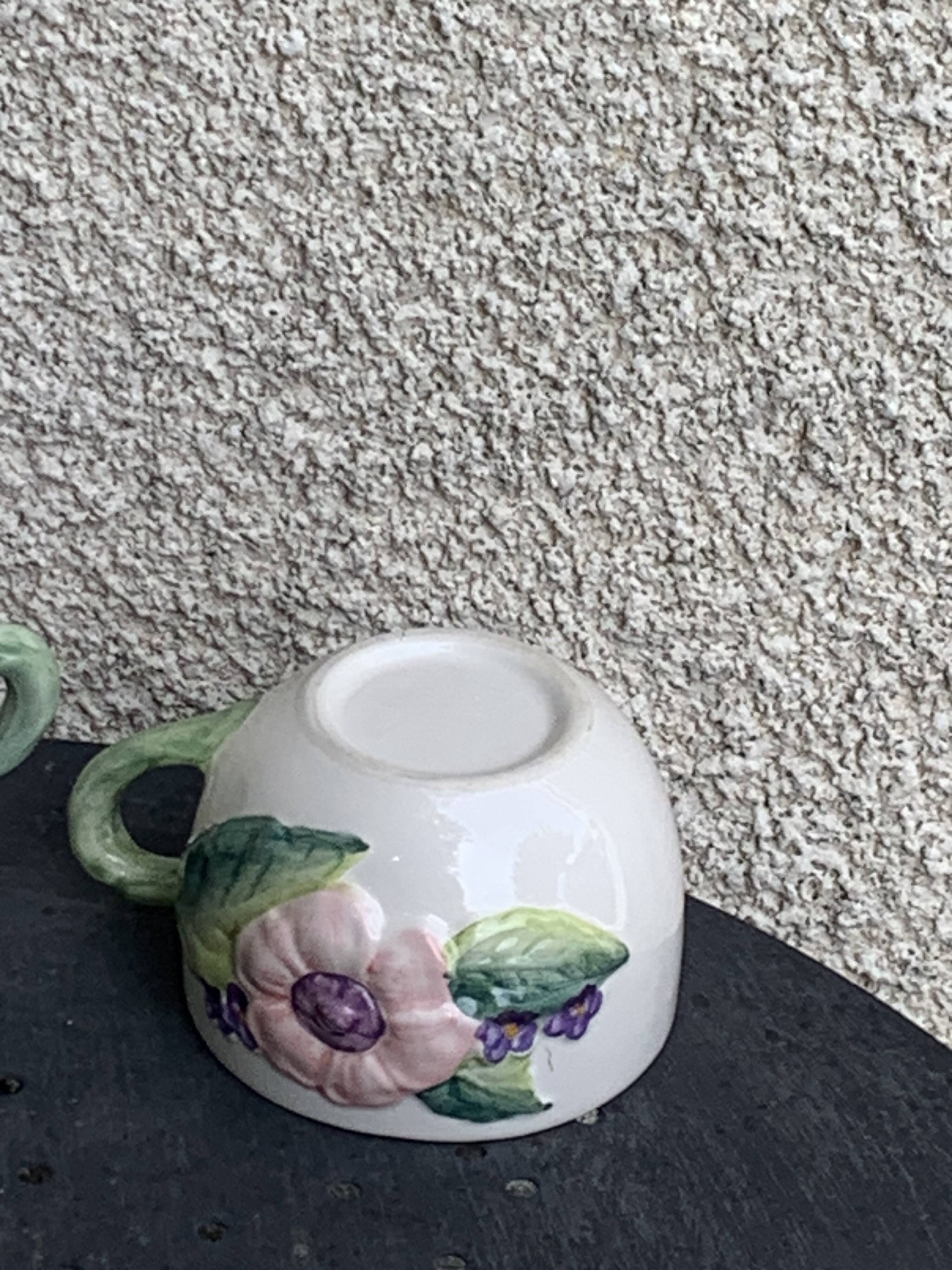 Lunch service in enameled ceramic, slip, white, pink and green, vintage