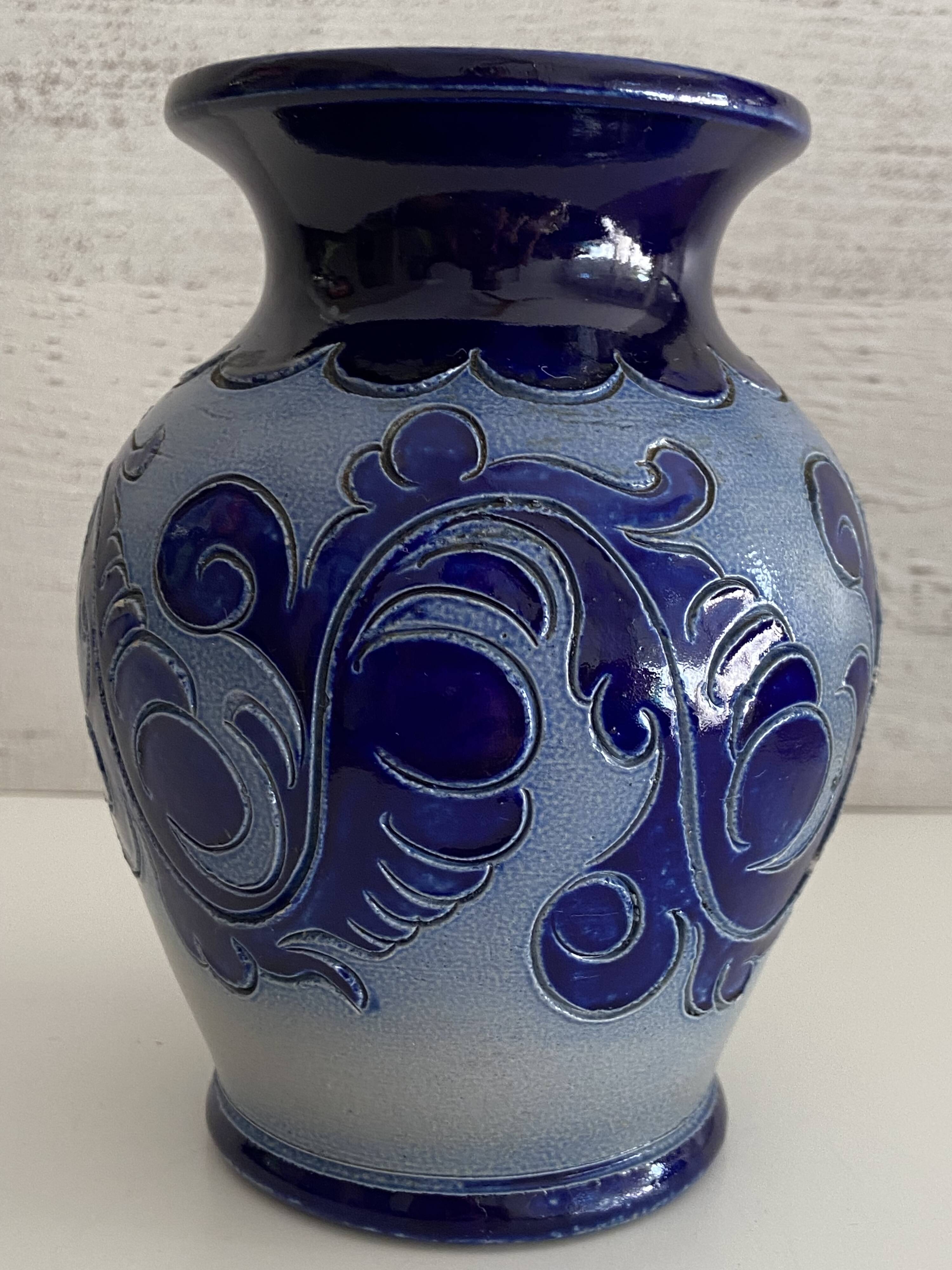 Antique Small Glazed Stoneware Vase, Chiseled, Alsace, Bestchdorf, Signed