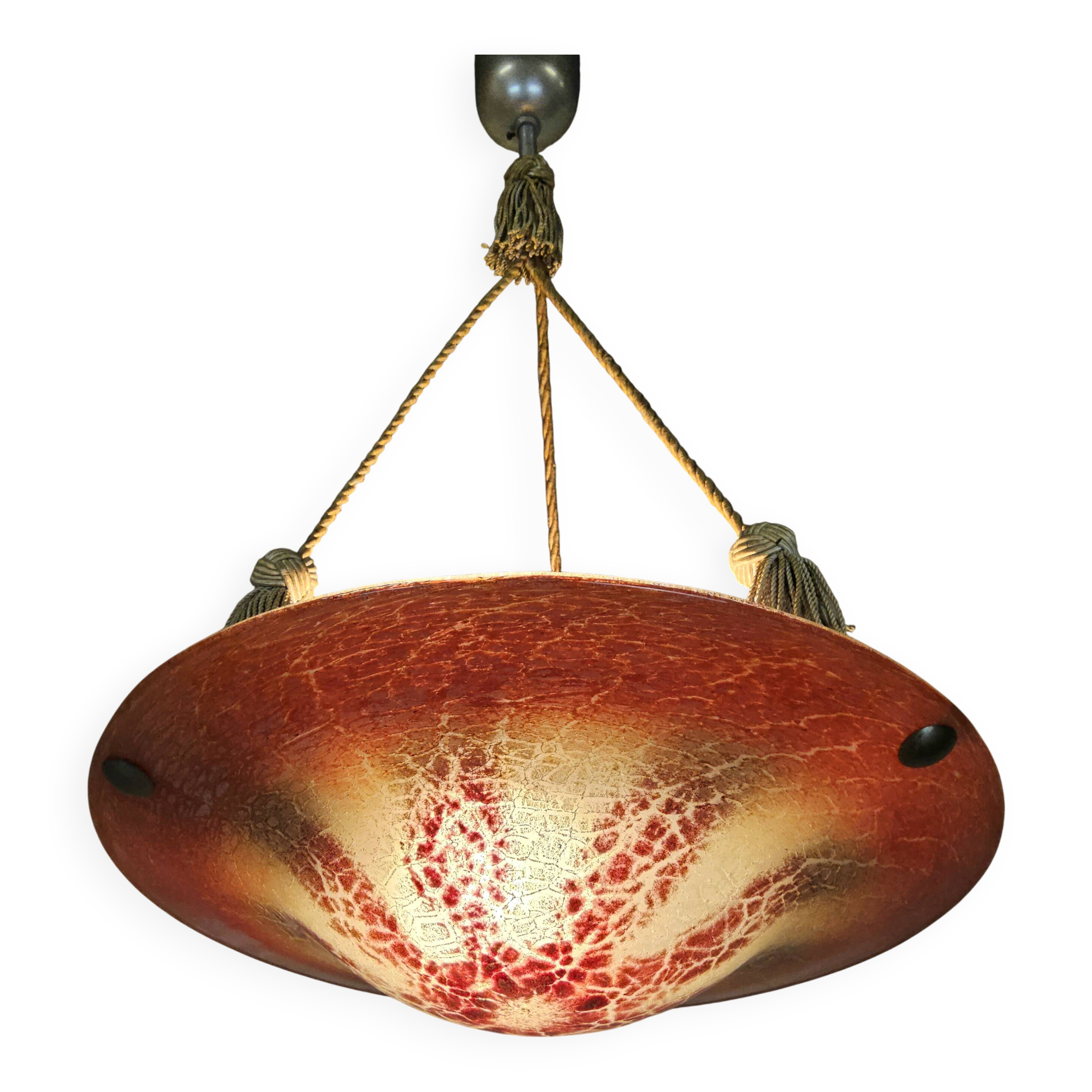 Antique orange German Art Deco WMF Ikora glass pendant lamp 1930