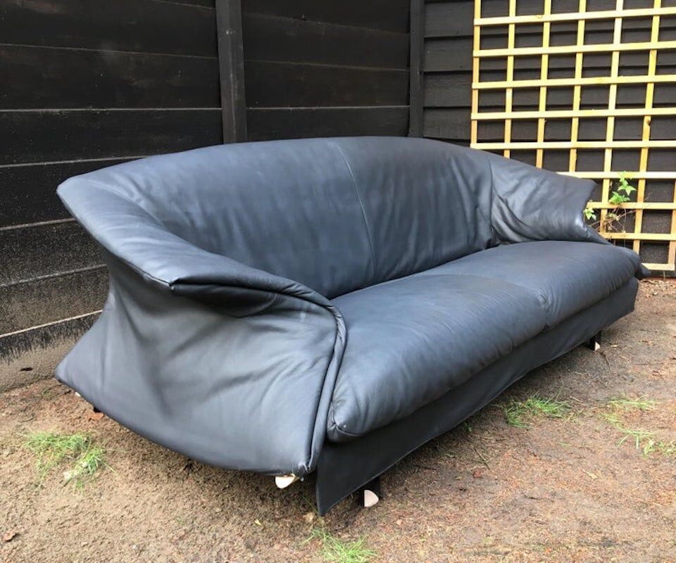 Blue-Grey Leather Sofa by Saporiti, 1980s