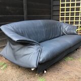 Blue-Grey Leather Sofa by Saporiti, 1980s