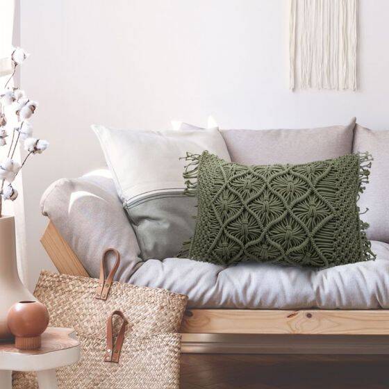 Green woven macramé cushion 40x60 cm