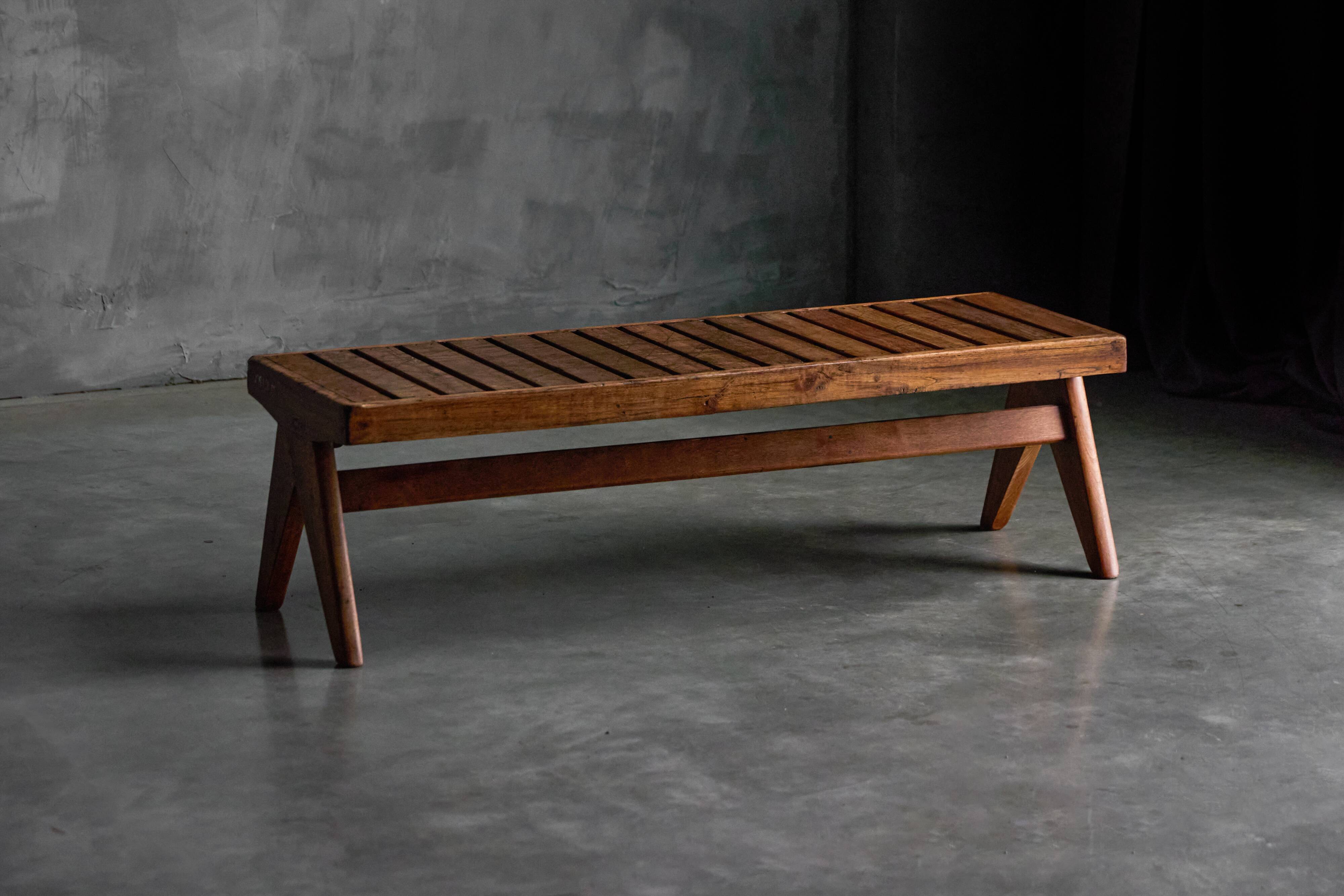 Solid Teak Slatted Bench by Pierre Jeanneret, India, 1950s