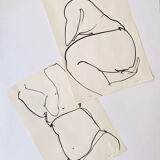 Set of 2 - ink drawing on vintage paper