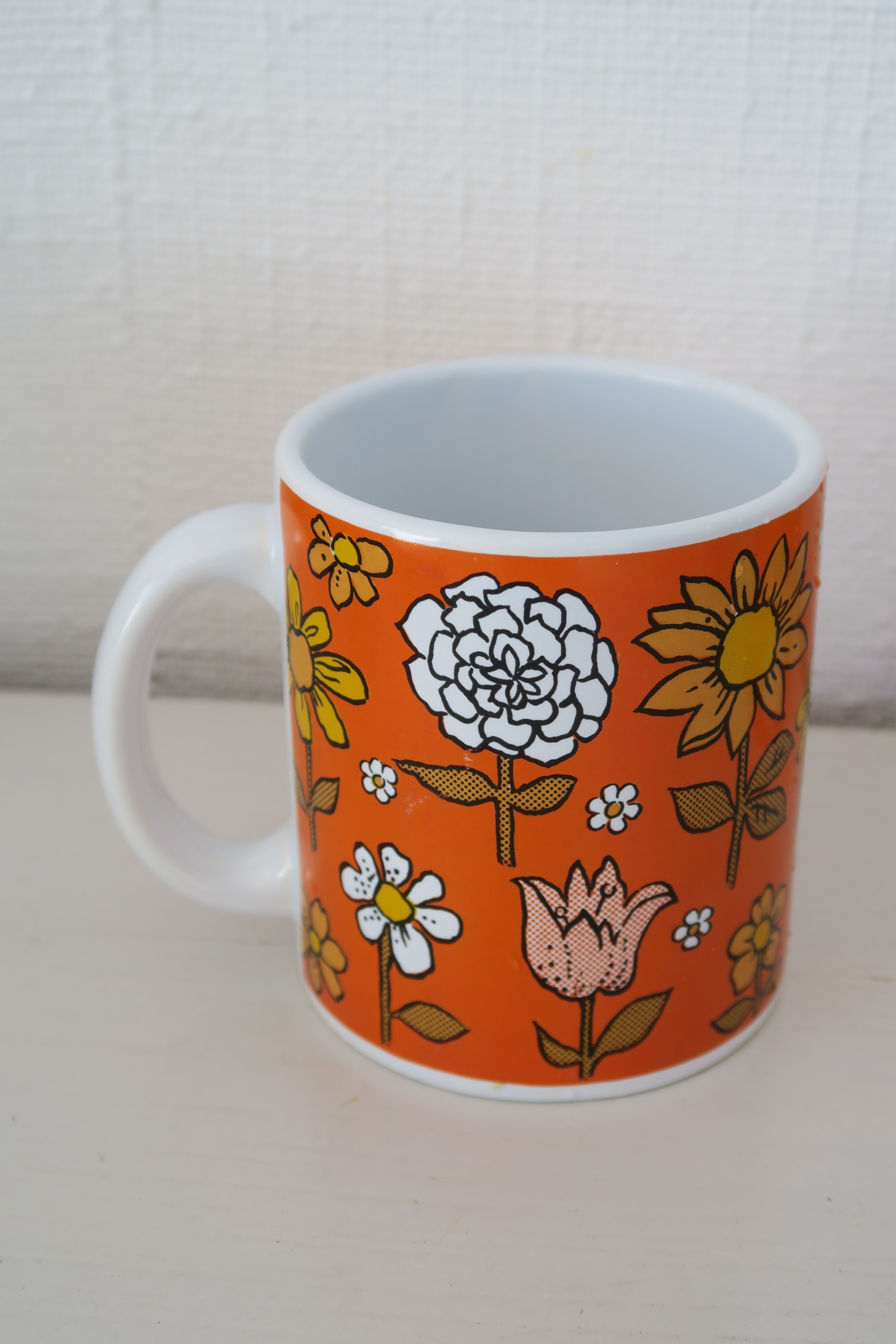 3 Mugs thick porcelain handle 1970 orange flowers Waechtersbach Germany