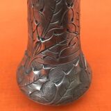 Art Nouveau soliflore vase by P. Chaumette, pewter, oak leaf decoration