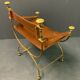 Fauteuil curule romain années 40, art deco cuir et laiton