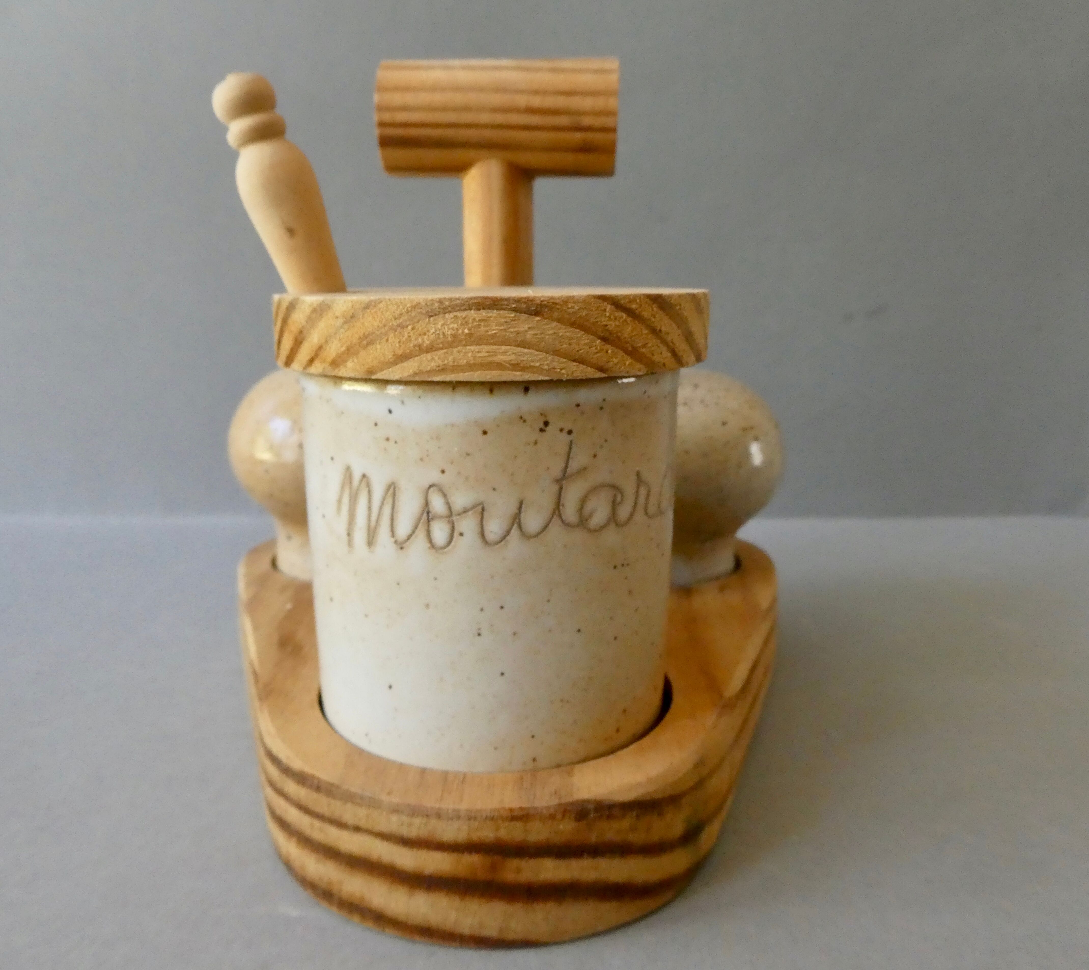 Salt, pepper and mustard set, sandstone from Marais France