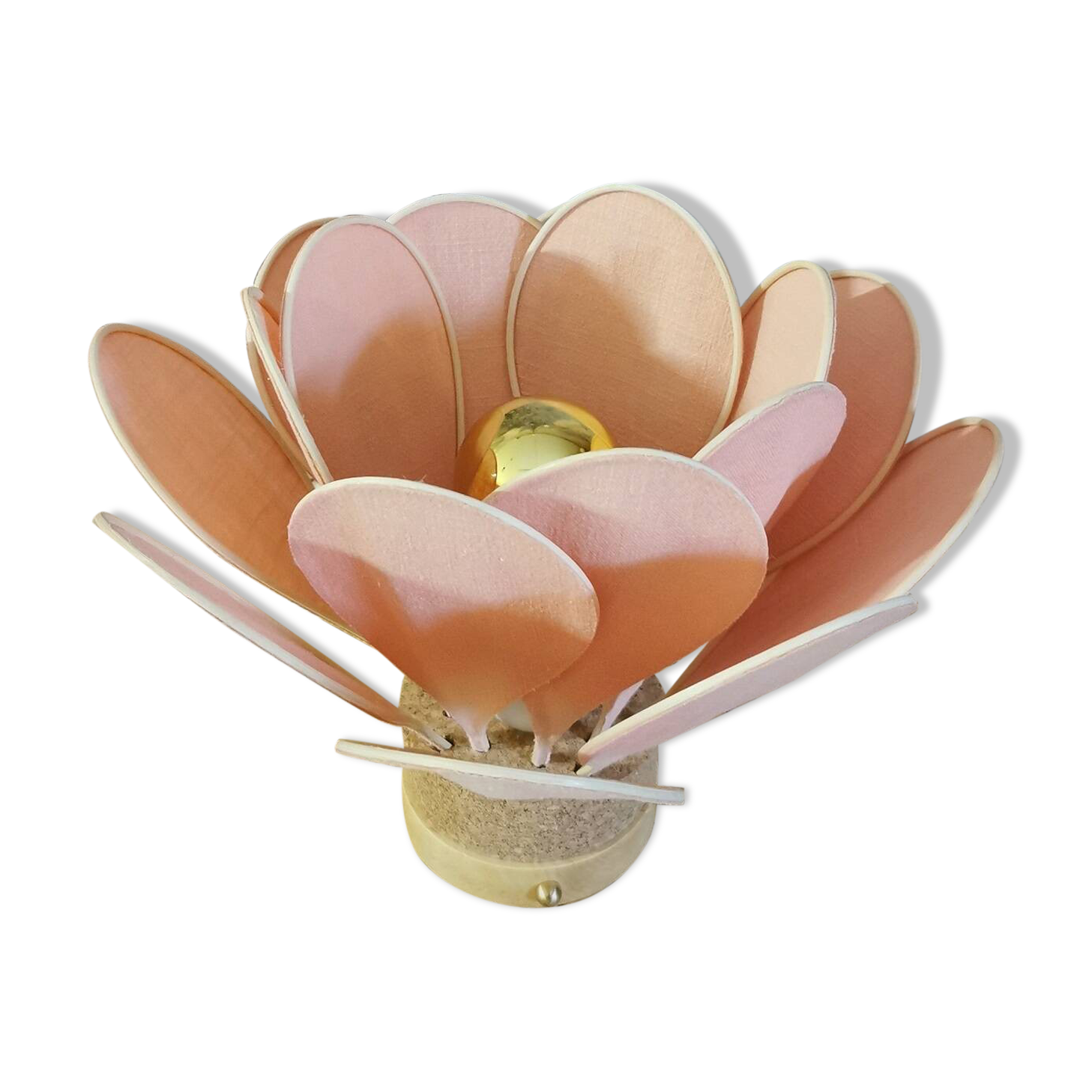 Flower table lamp made of rattan and blush pink linen petals