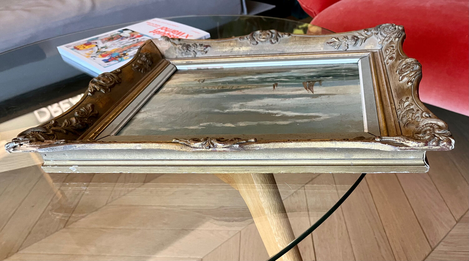 La baie, huile sur carton, cadre stuc doré