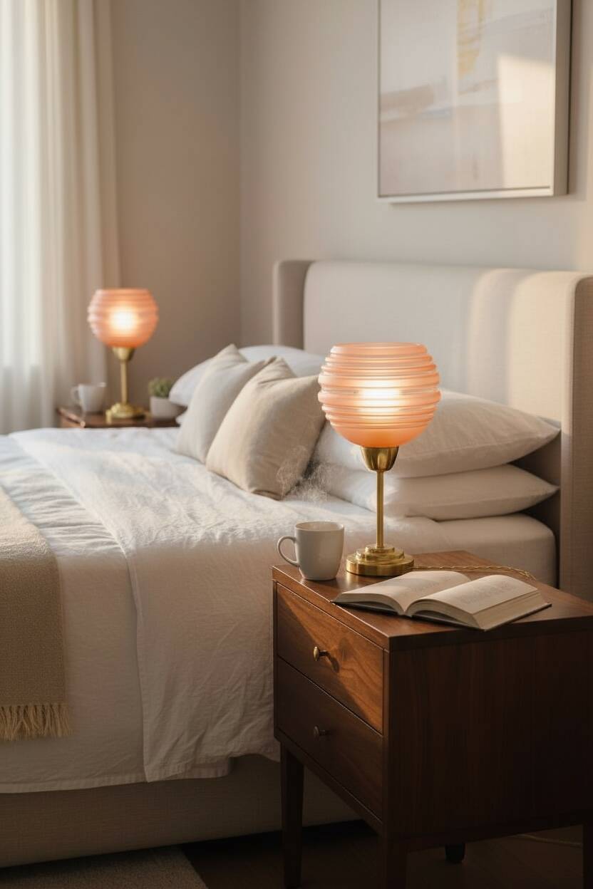 Pair of Art Deco bedside lamps in brass and etched glass