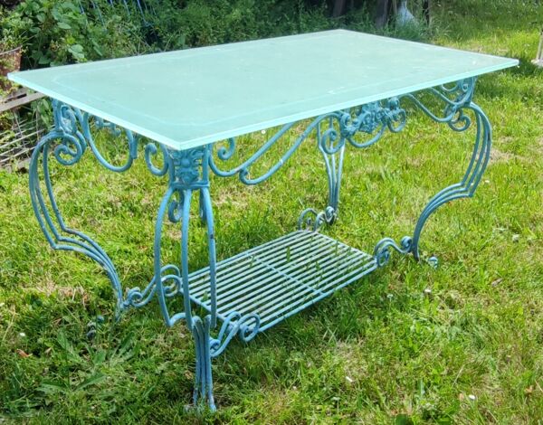 Ancienne table console fer forgé et verre