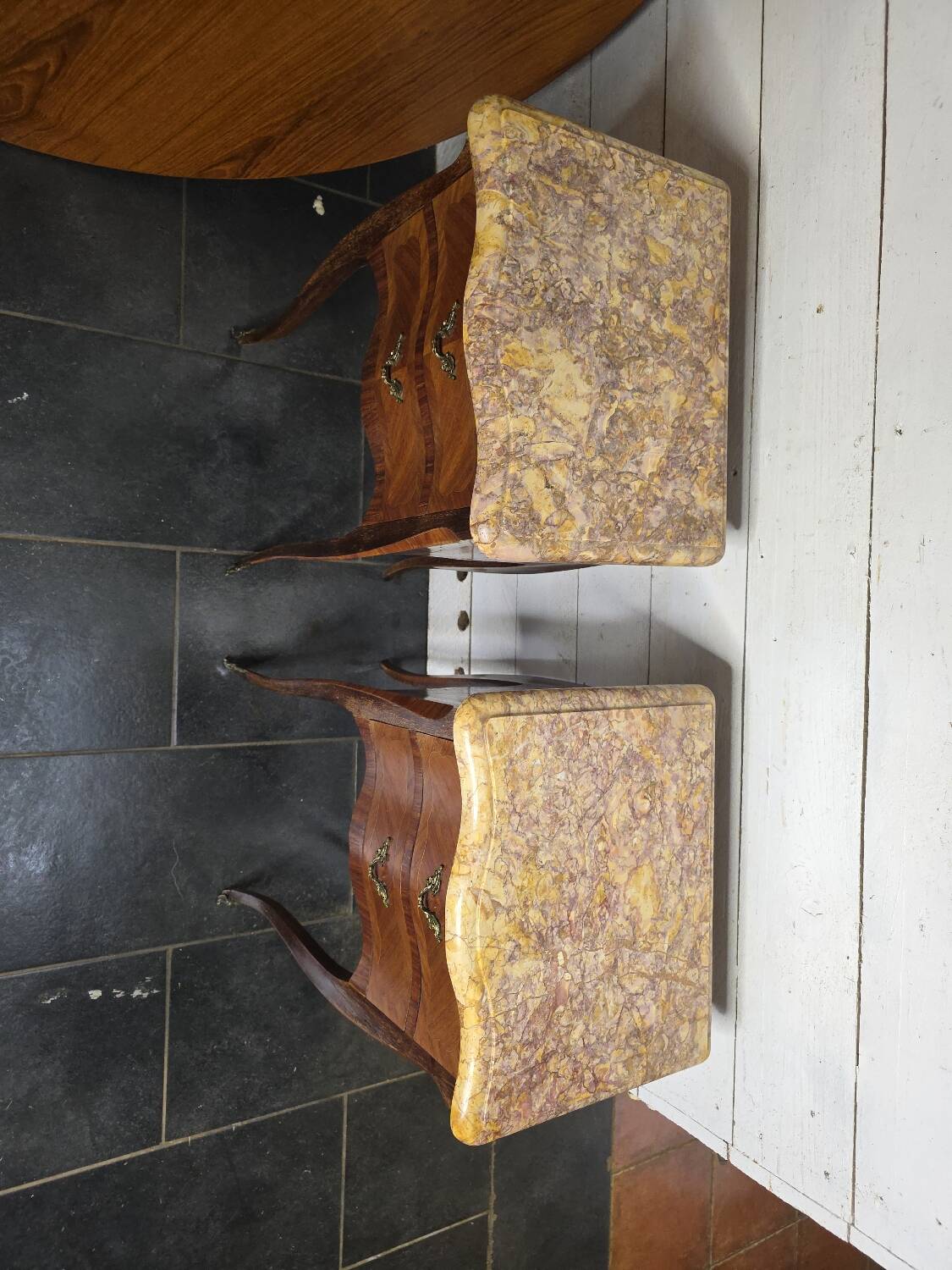 Pair of Louis XV style curved bedside tables in marquetry