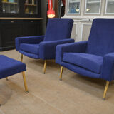 Pair of armchairs and ottoman vintage 1950 in blue velour and brass